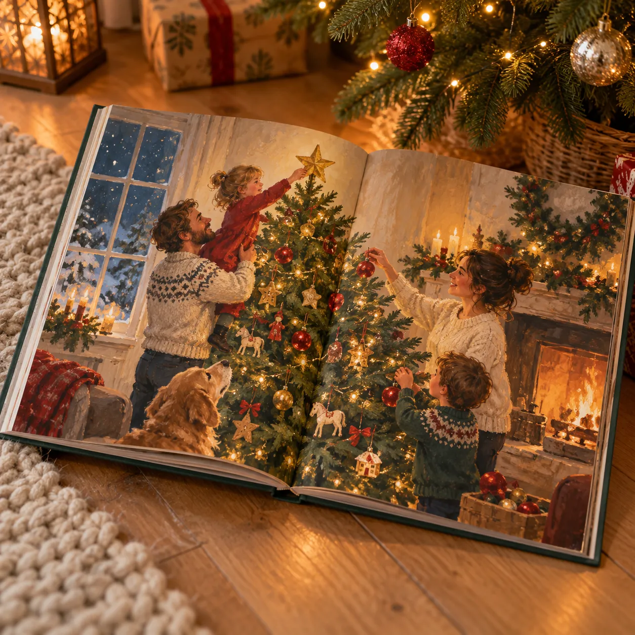 An open hardback picture book on a wooden floor beside a lit Christmas tree