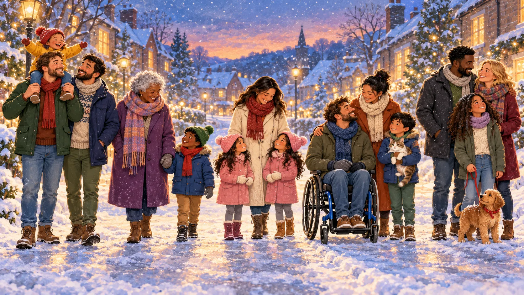 Illustration of five different families walking down a snowy street at dusk