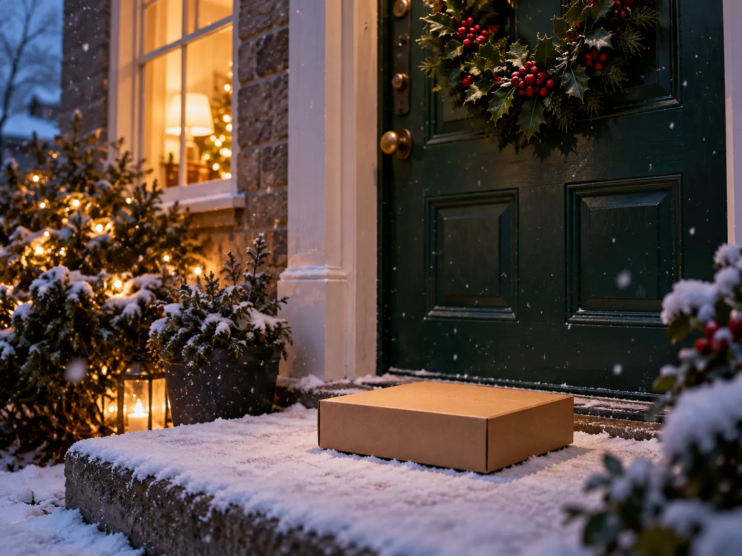 A cardboard book parcel on a snowy doorstep by a green front door with a holly wreath
