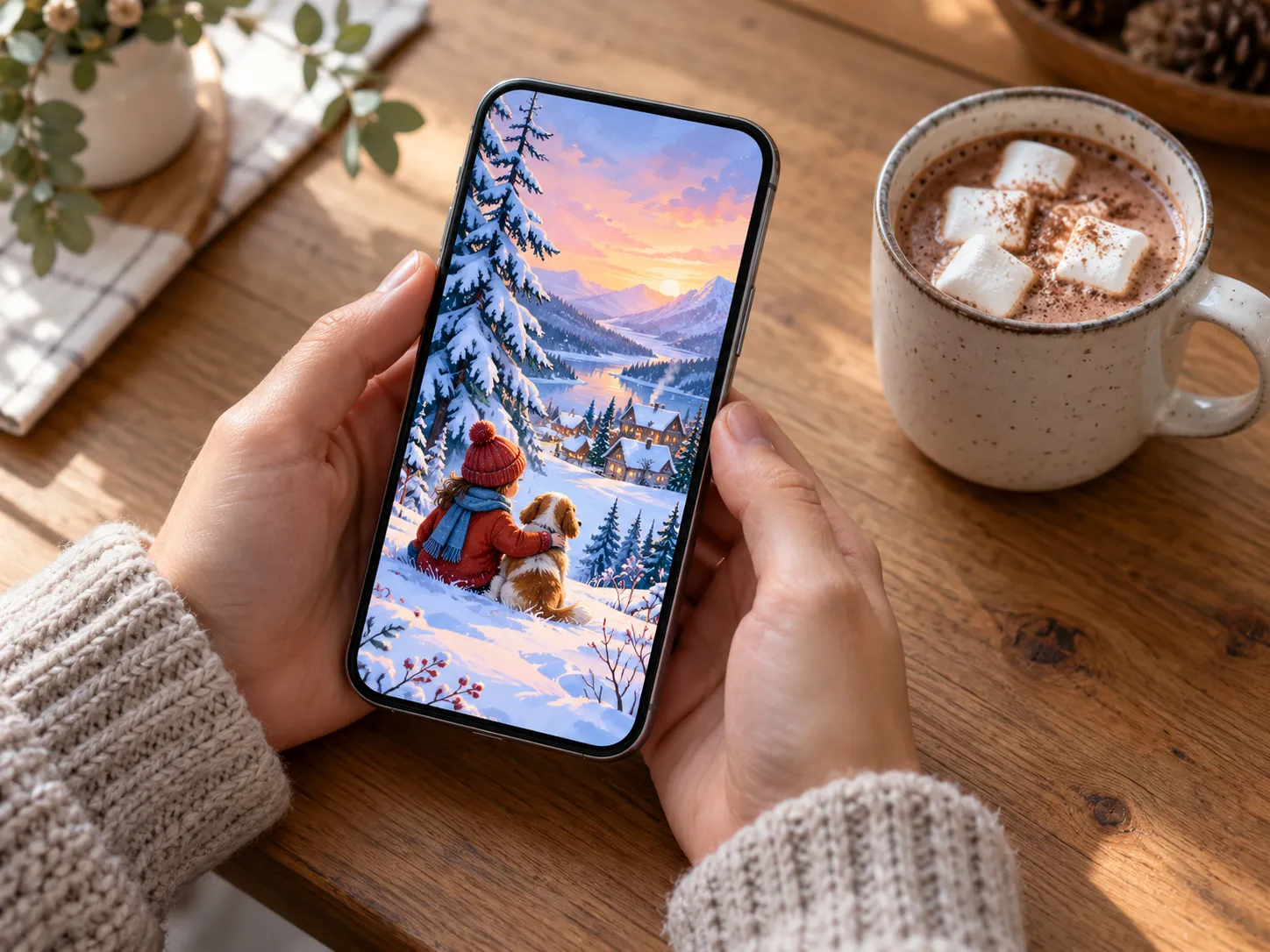 Hands holding a phone showing an illustrated book page, beside a mug of hot chocolate