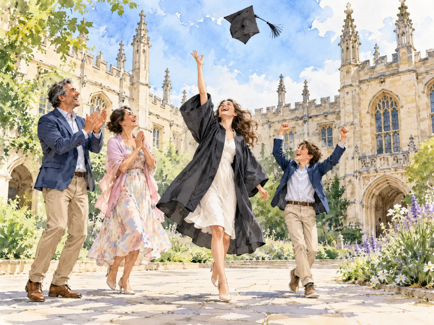 Watercolour of a graduate throwing a cap in front of a university as the family cheers