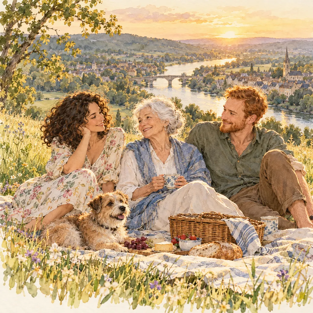A picnic on a hill in the Watercolour style